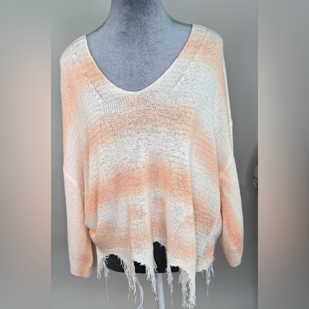 POL Peach and Cream Distressed Fringe Sweater